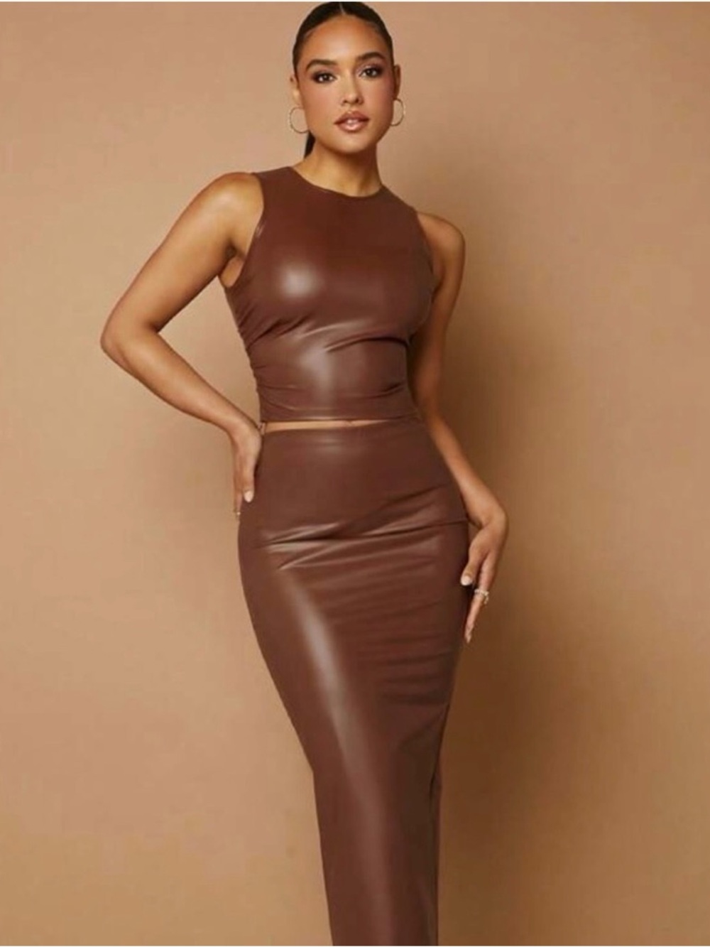 Brown Faux Leather High-Waist Midi Skirt and Sleeveless Top
